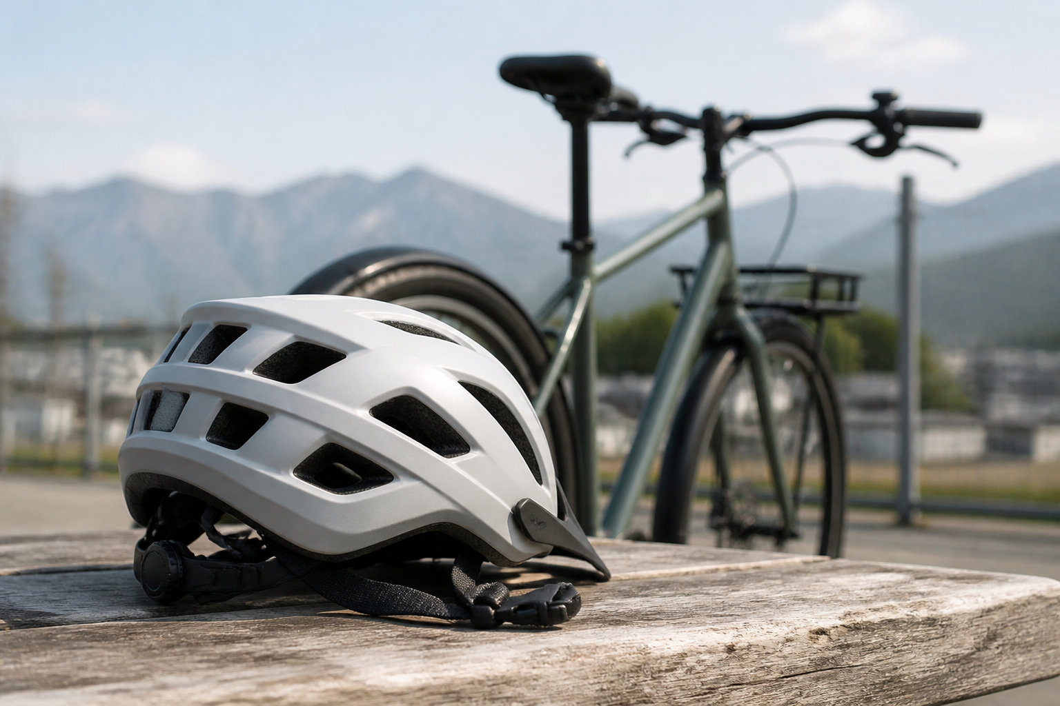 自転車のそばに置かれた無地の自転車用ヘルメット