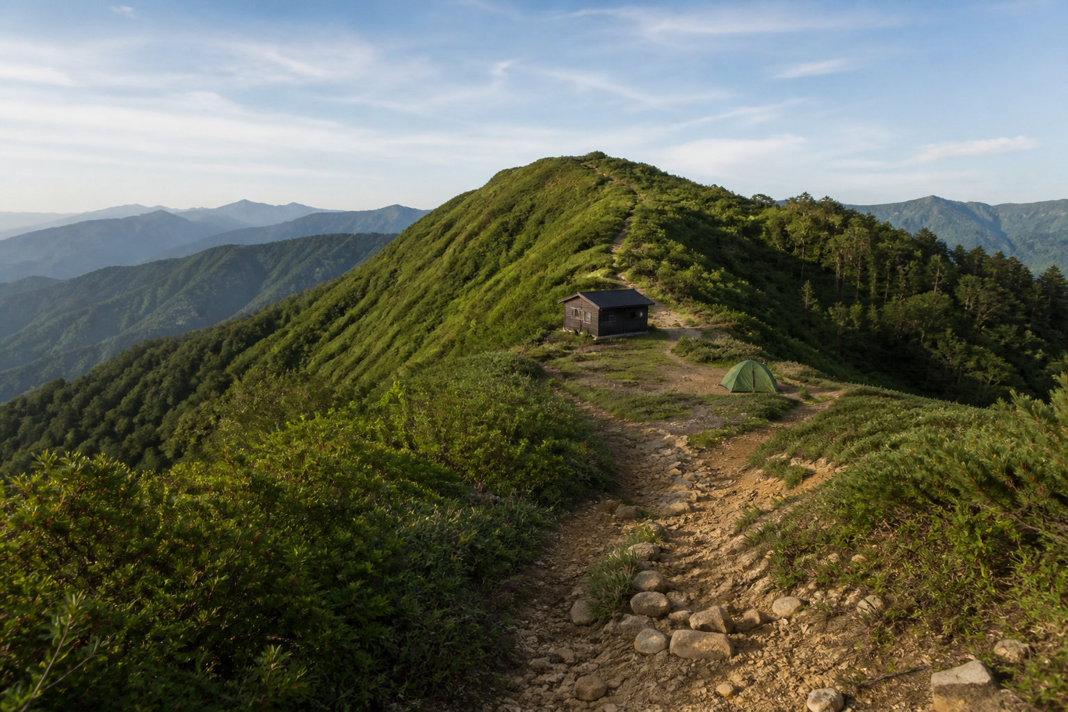 関東の一泊登山をイメージした山道と山小屋とテントの風景
