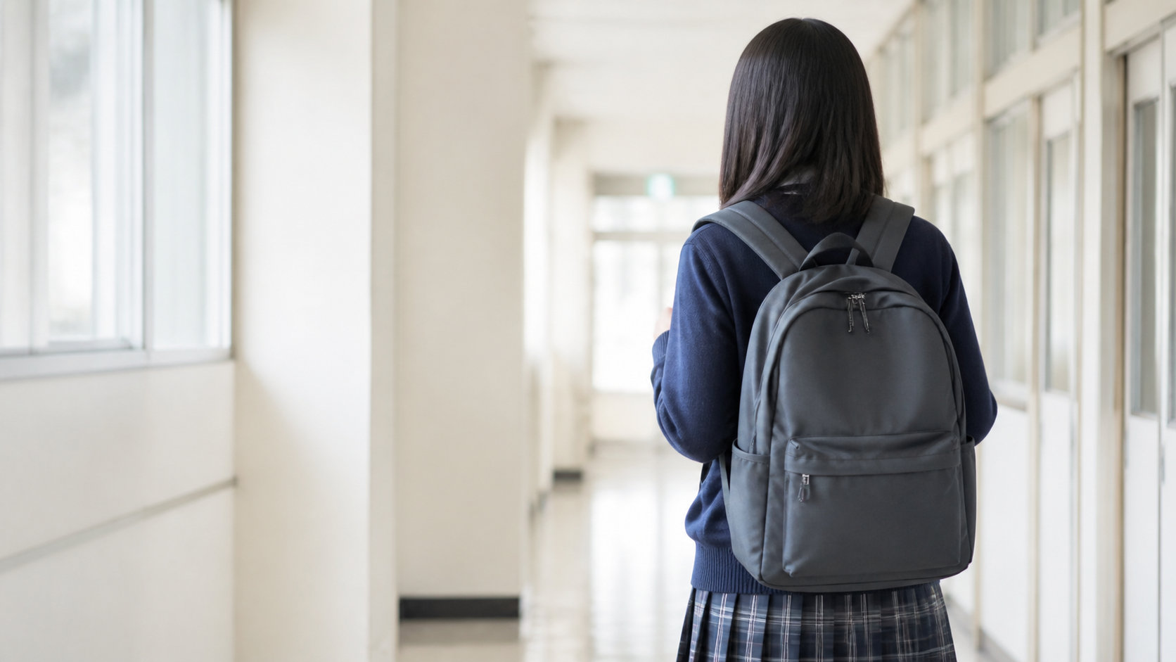 通学スタイルに合わせたシンプルなリュックを背負う女子高生の後ろ姿