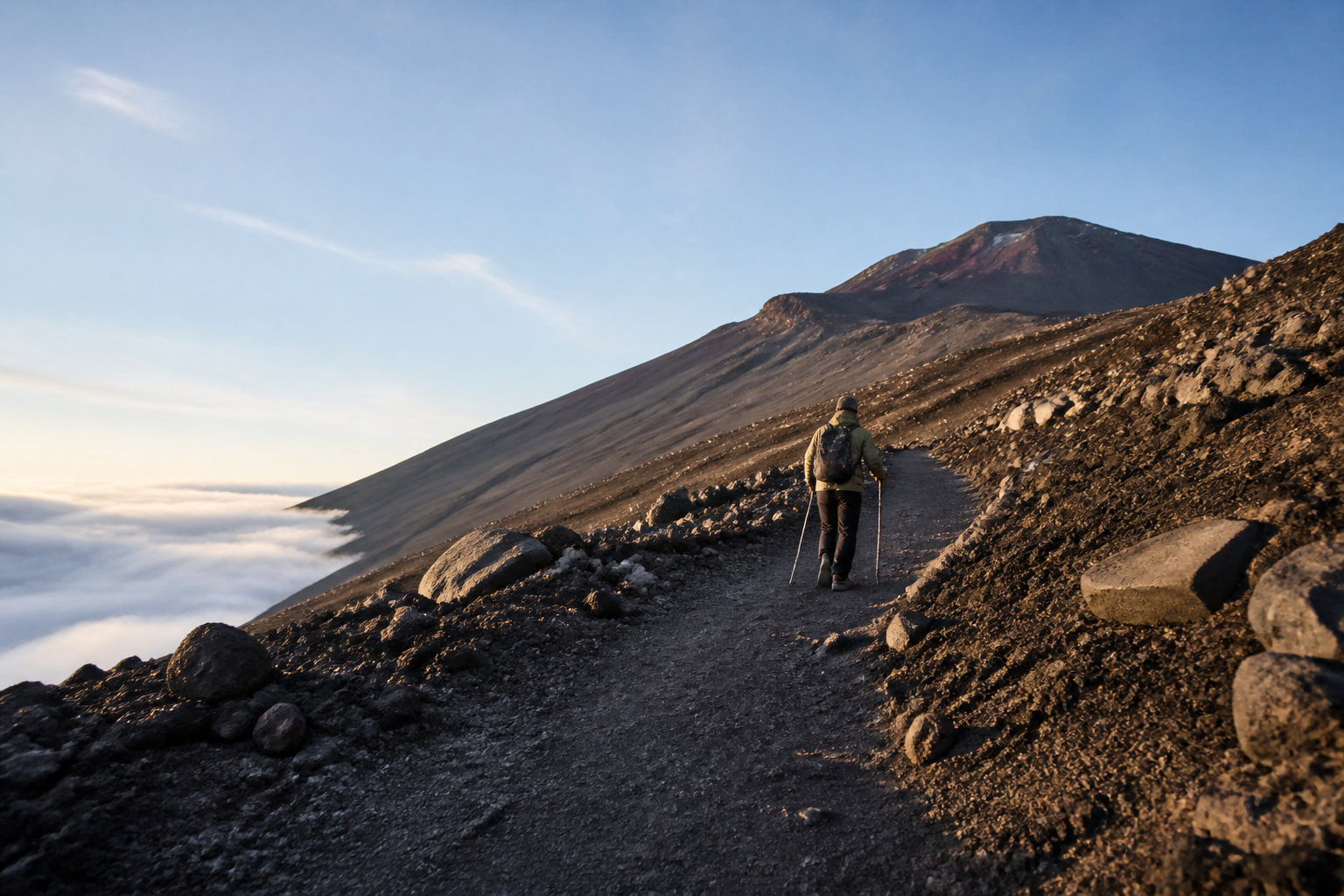富士山の火山砂礫の登山道を歩くハイカー