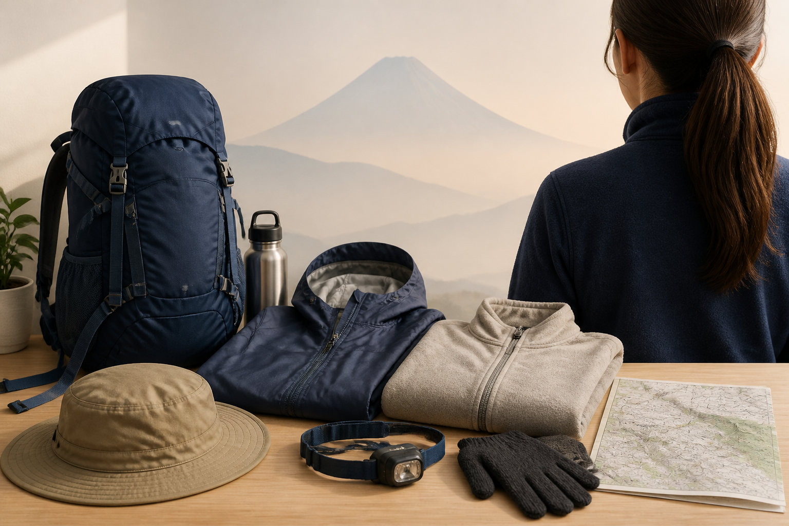 富士登山に向けた初心者女性の服装と持ち物を準備したイメージ