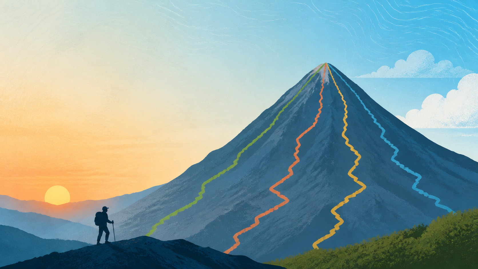 富士登山のルート別の所要時間を考えるイメージイラスト