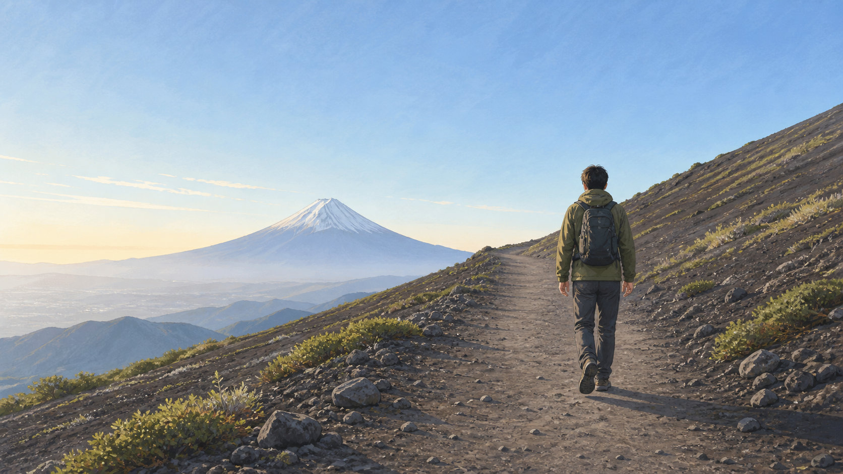 富士山を遠景にした火山性の山道を歩く登山初心者の練習イメージ