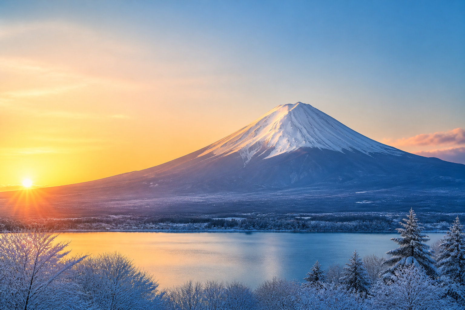 冬の朝、湖越しに見える雪化粧の富士山と日の出