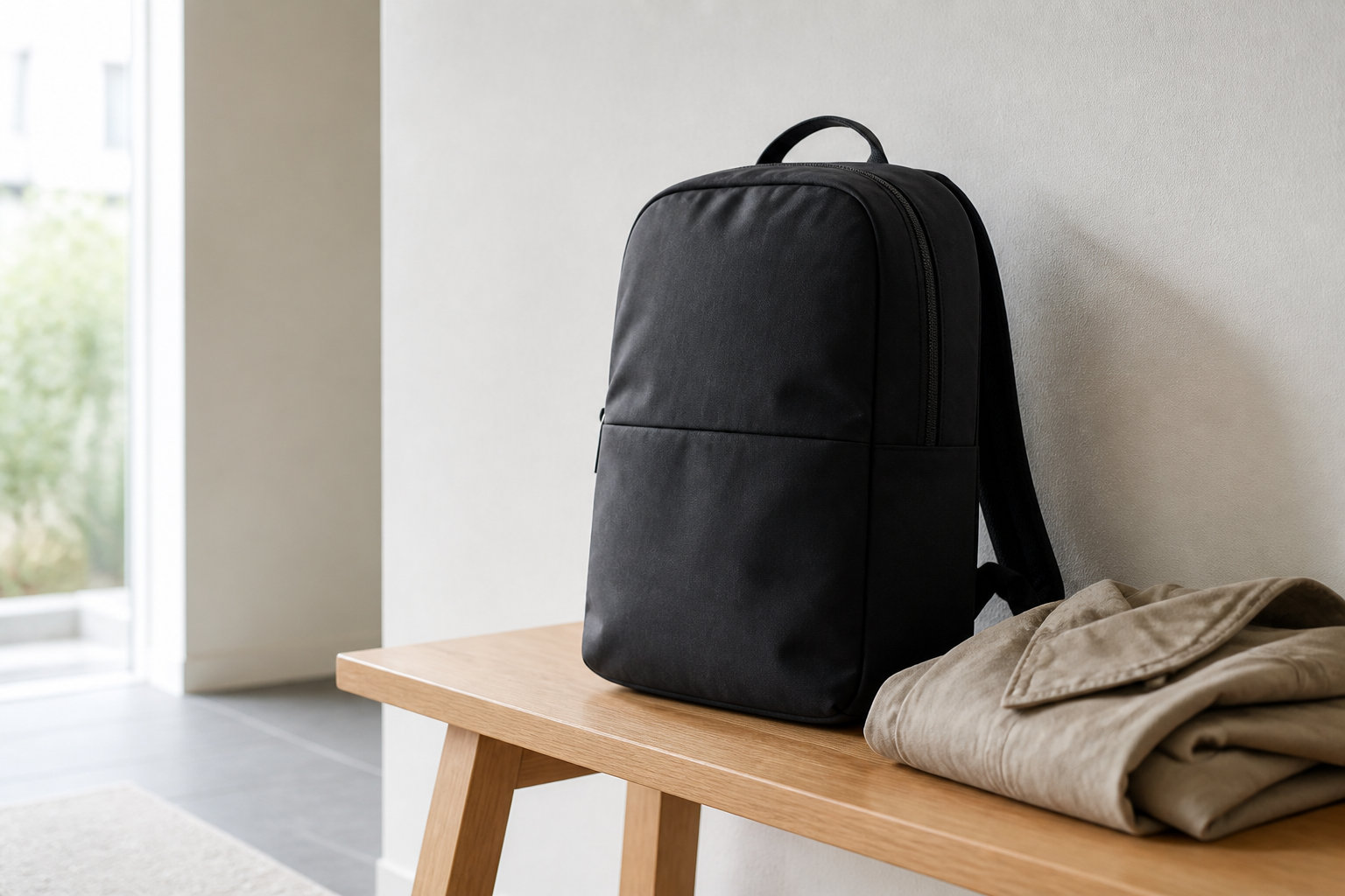 きれいめな日常服に合わせたシンプルな黒いリュック