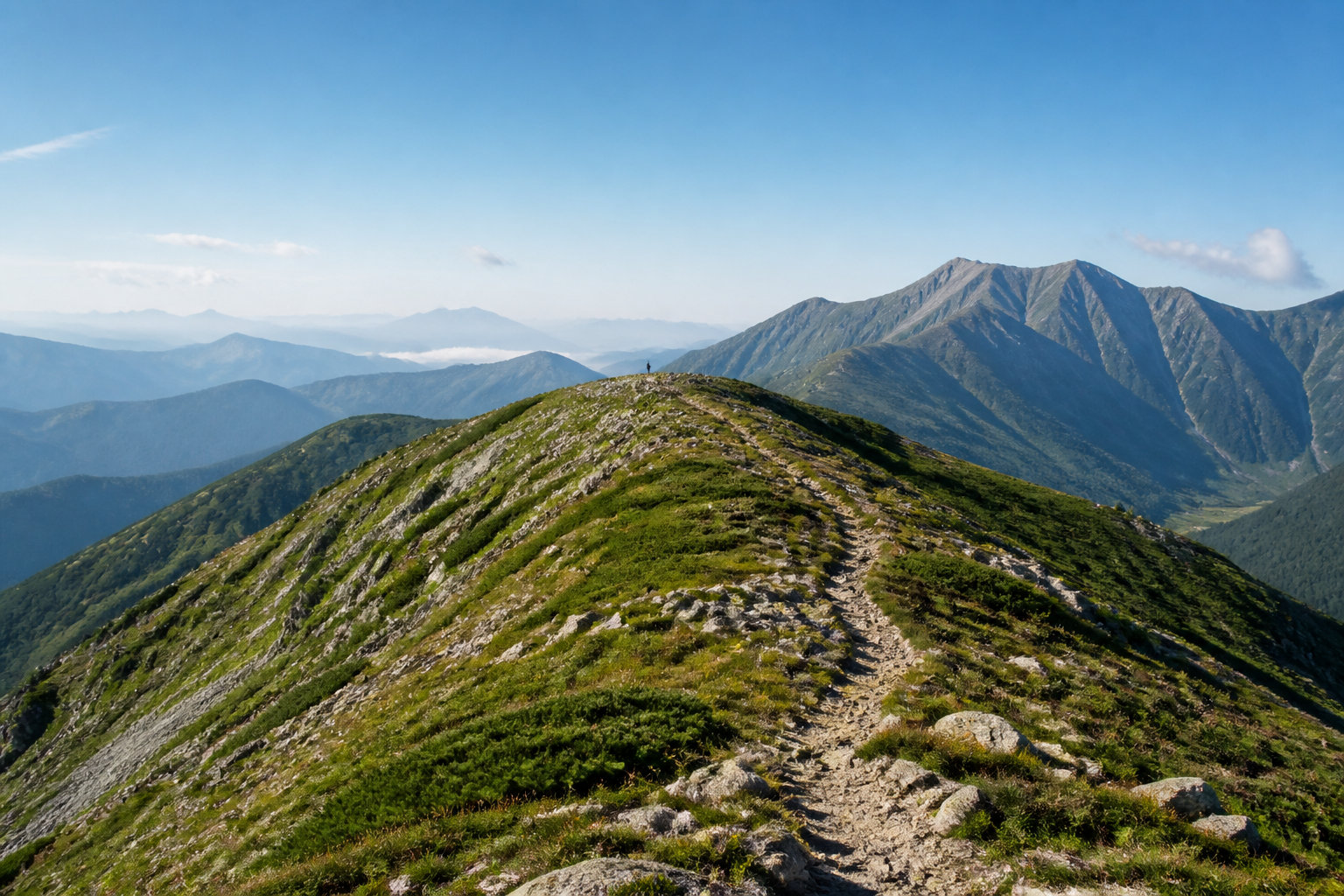 北アルプスの稜線をイメージした、登山道と遠景の山並みのイラスト（唐松岳の実景ではありません）