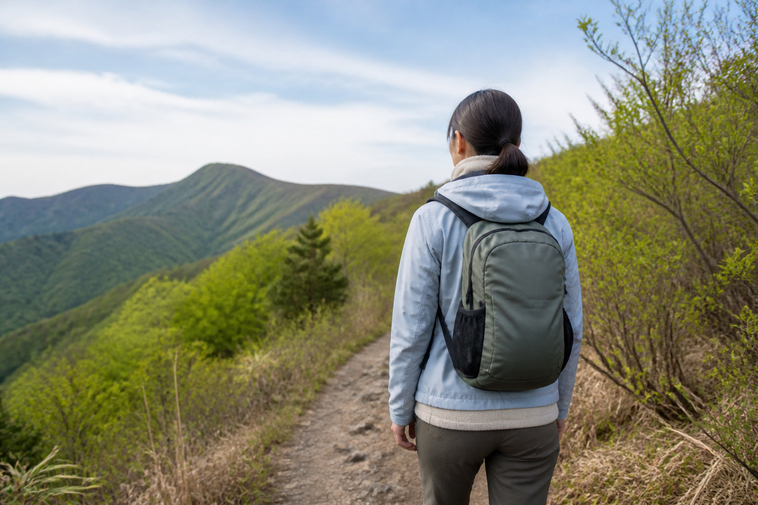 5月の山道を歩くハイカーと春のレイヤリング服装