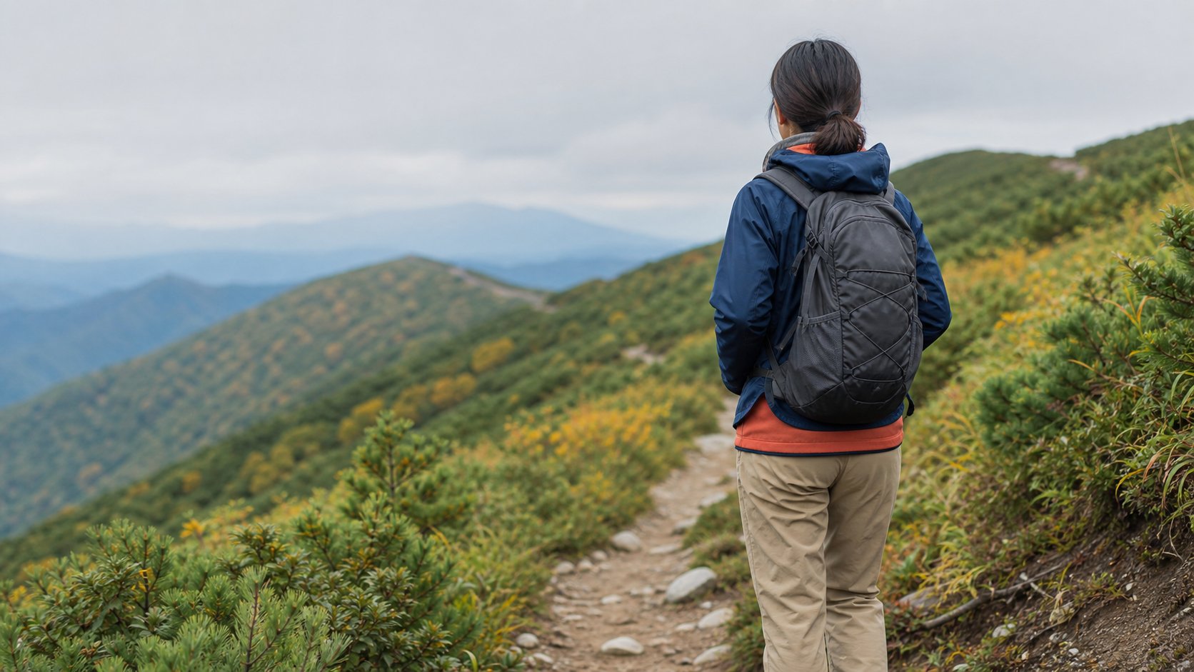 秋の山道を歩くハイカーと重ね着の登山ウェア