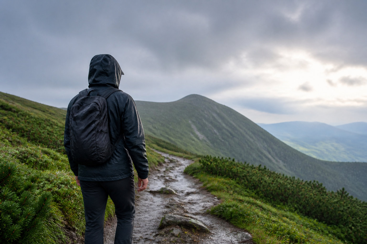 小雨の山道を歩く登山者と防水シェルを示す山の風景