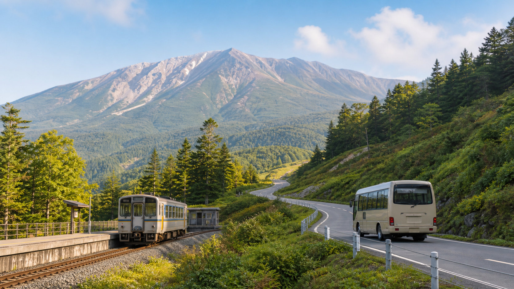 電車と山岳バスを乗り継いで山へ向かう旅のイメージ