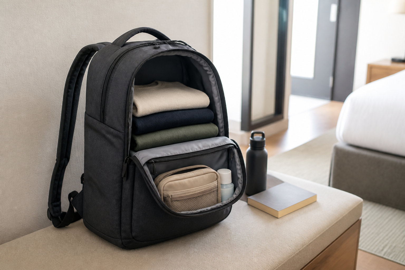 一泊旅行用のリュックに衣類やポーチを整理して入れた様子