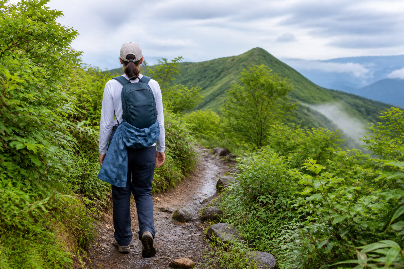 夏の緑豊かな登山道を歩くハイカーと薄手の登山ウェア