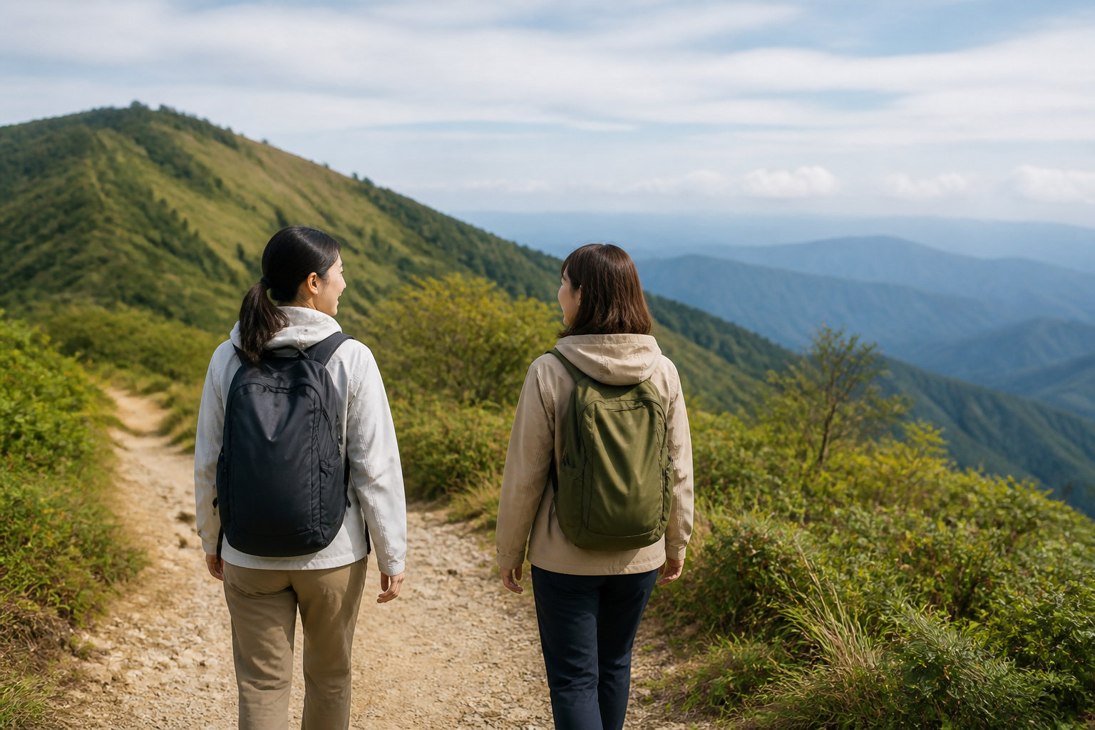 一般的な山道を歩く女性ハイカー2人の風景