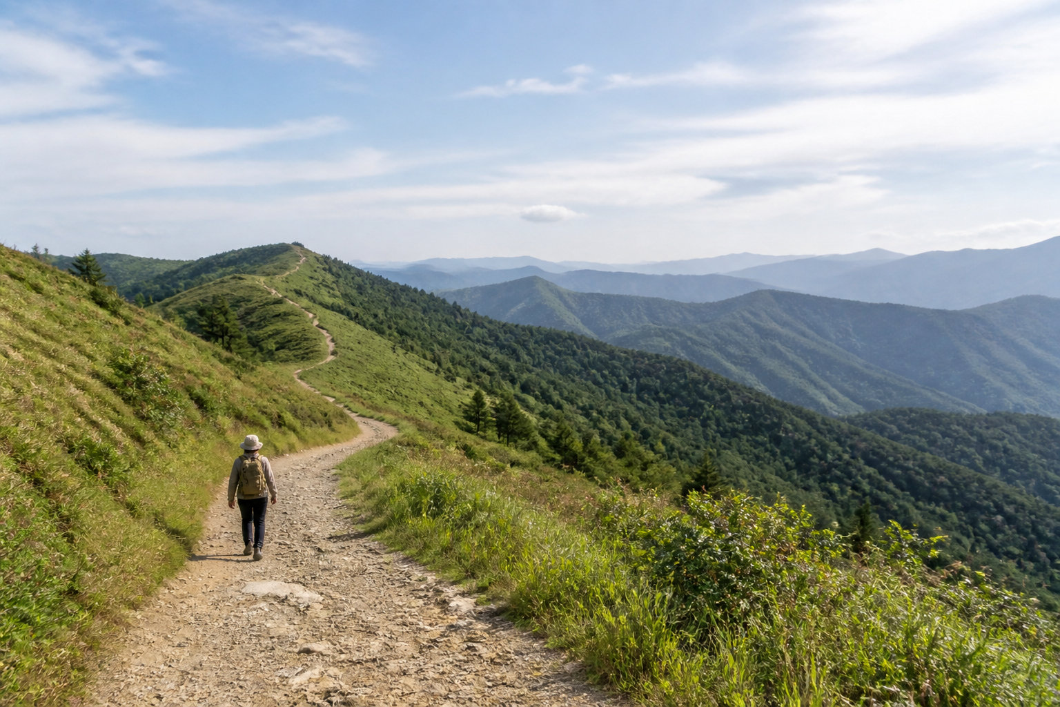 連なる山々を望む道を歩くハイカーと長いトレイル