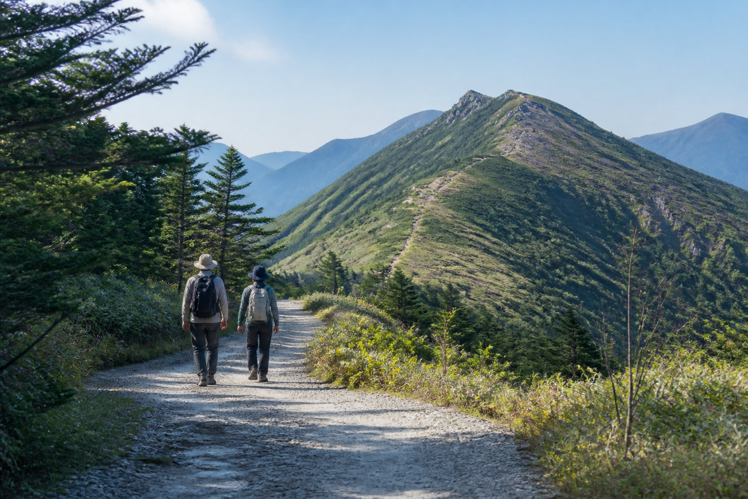 自然歩道を歩く人と起伏のある山道が続く風景