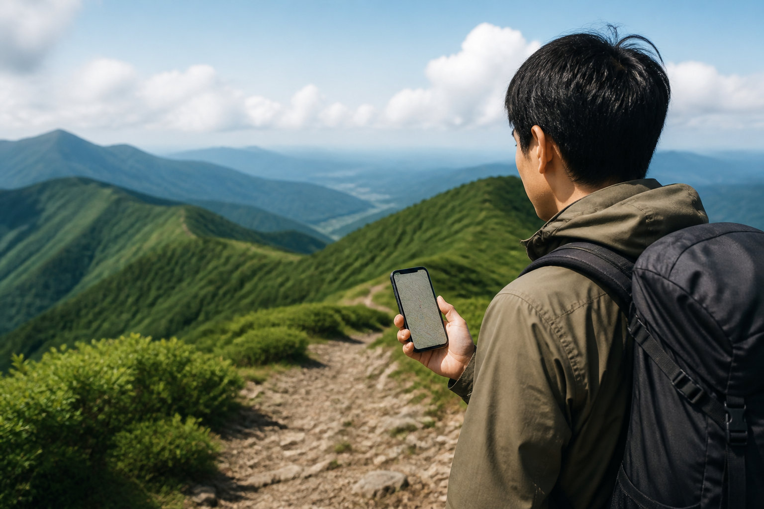 山道でスマートフォンの地図を確認する登山者と山並み