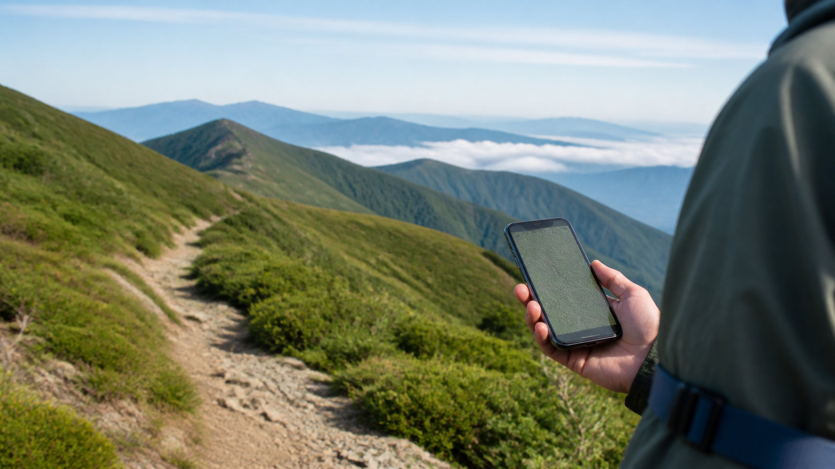 登山道でスマートフォンの地図を確認する登山者