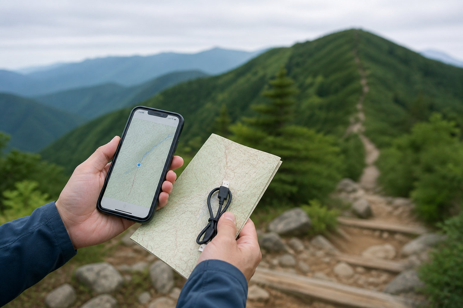 登山道で地図を確認するスマートフォンと紙地図、充電ケーブル