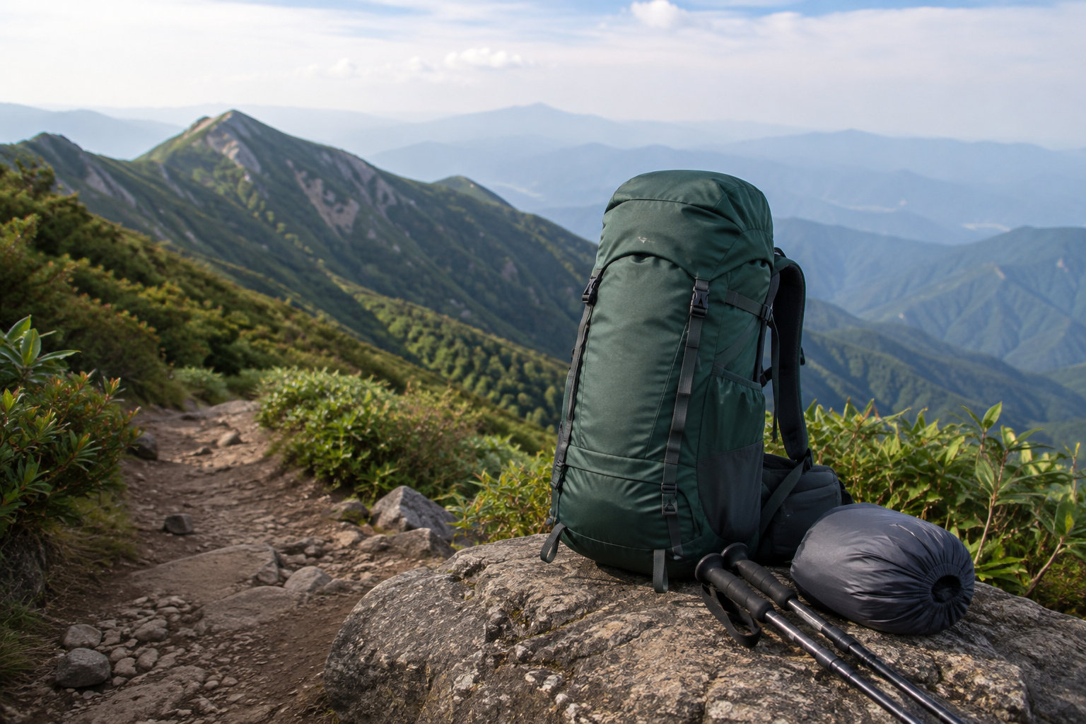 山道の岩に置かれた無地の登山用リュックとトレッキングポール
