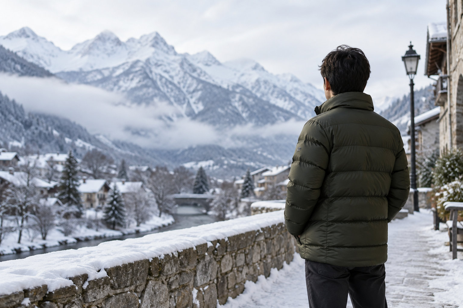 冬の屋外でダウンジャケットを着る人物と雪山の風景