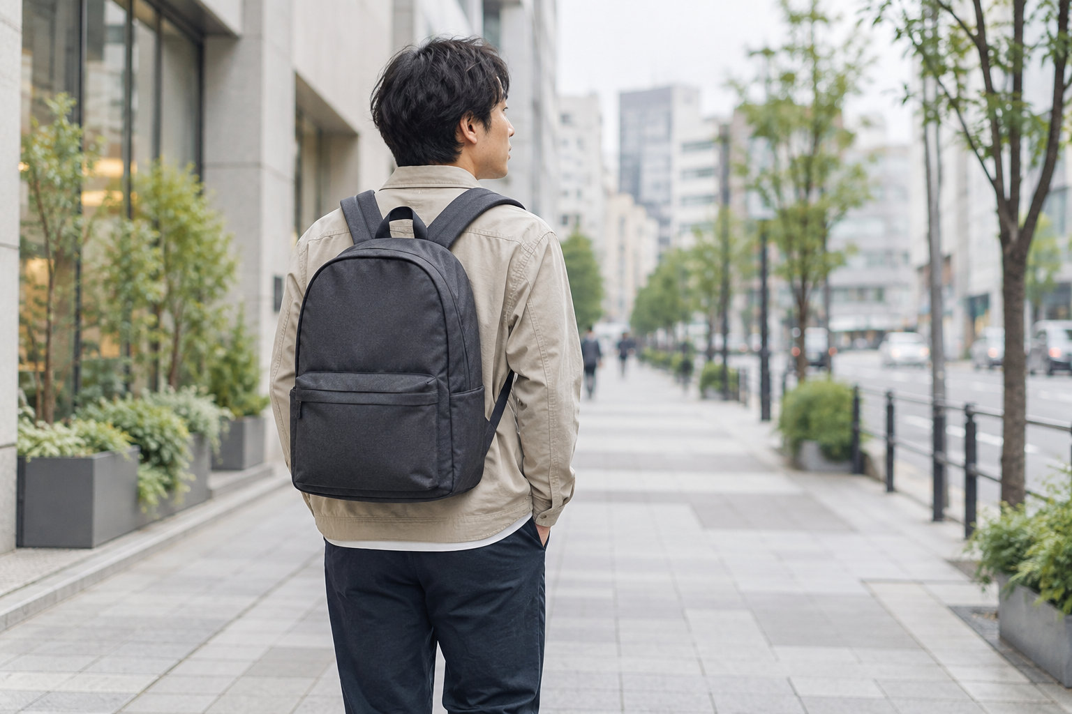 落ち着いた服装の人物が無地のチャコール色リュックを背負って街を歩く様子