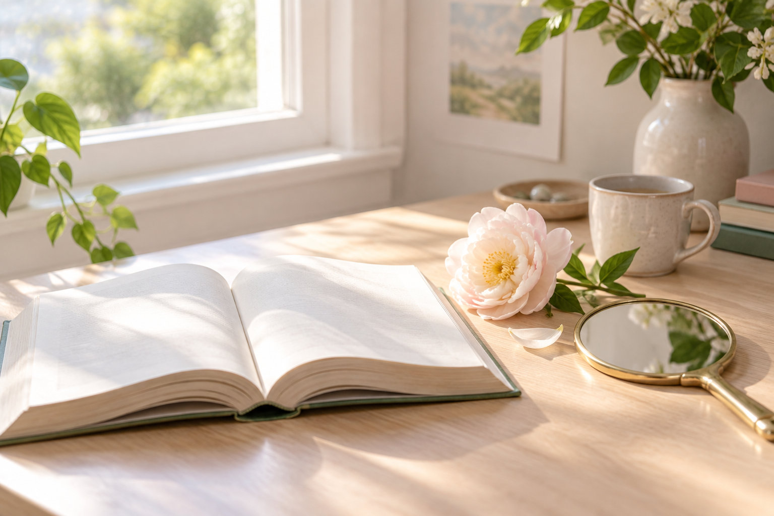 英語の辞書と鏡、淡い花を置いた明るい机