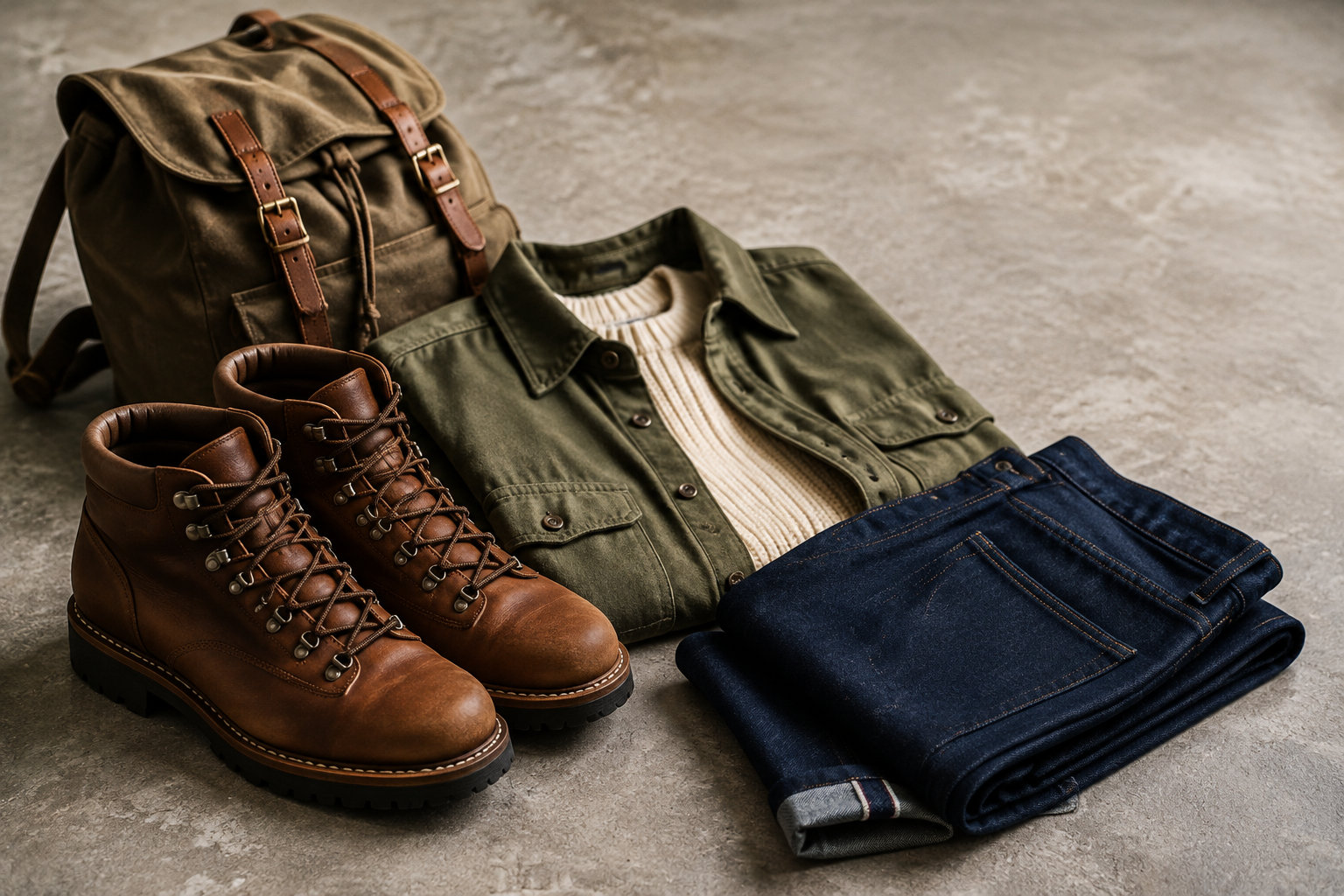 ブラウンのマウンテンブーツとデニムやオリーブの服を組み合わせたコーデ例