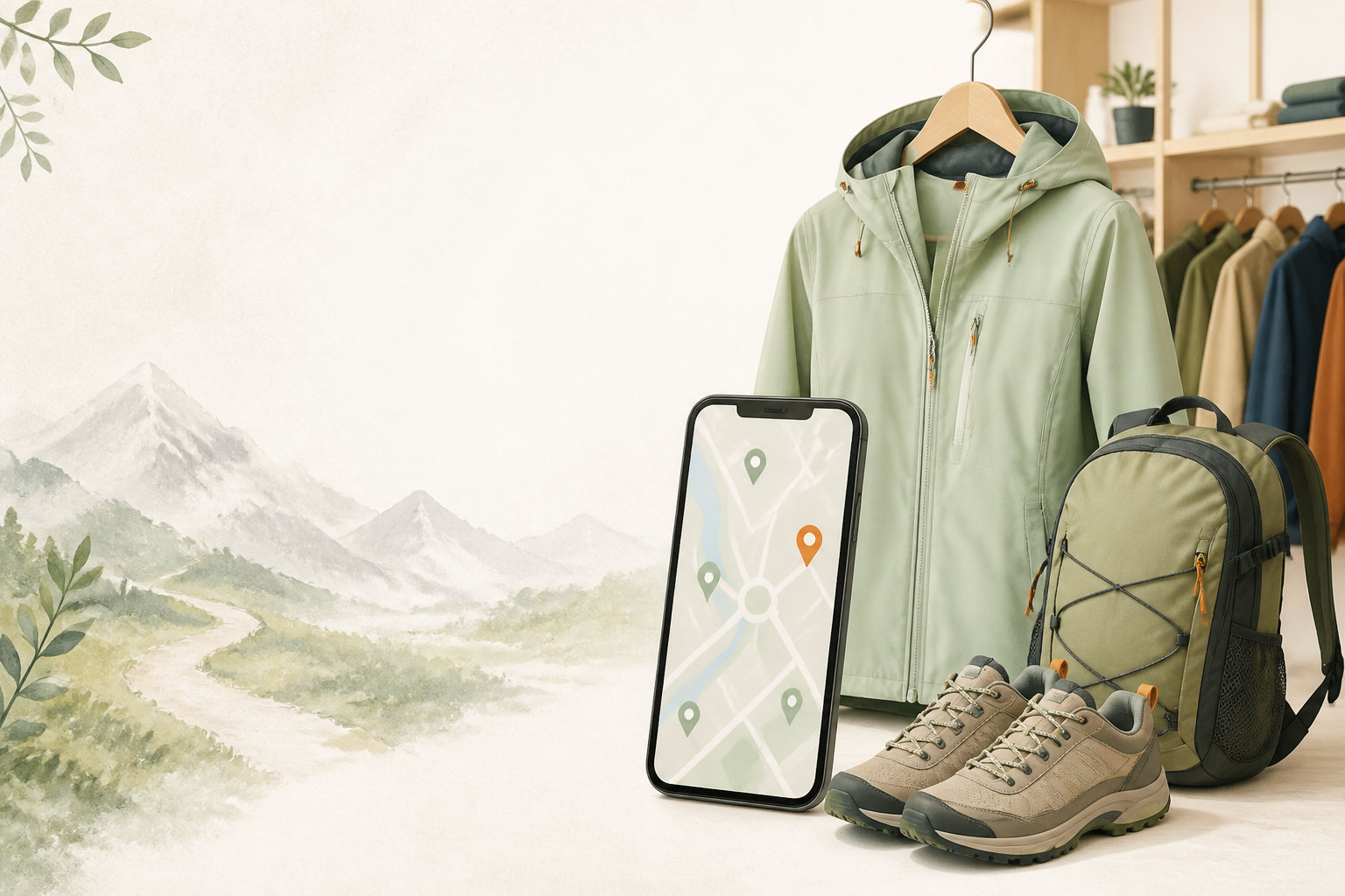 女性向けの登山ウェアと店舗検索をイメージしたスマートフォン、靴、リュックのイラスト