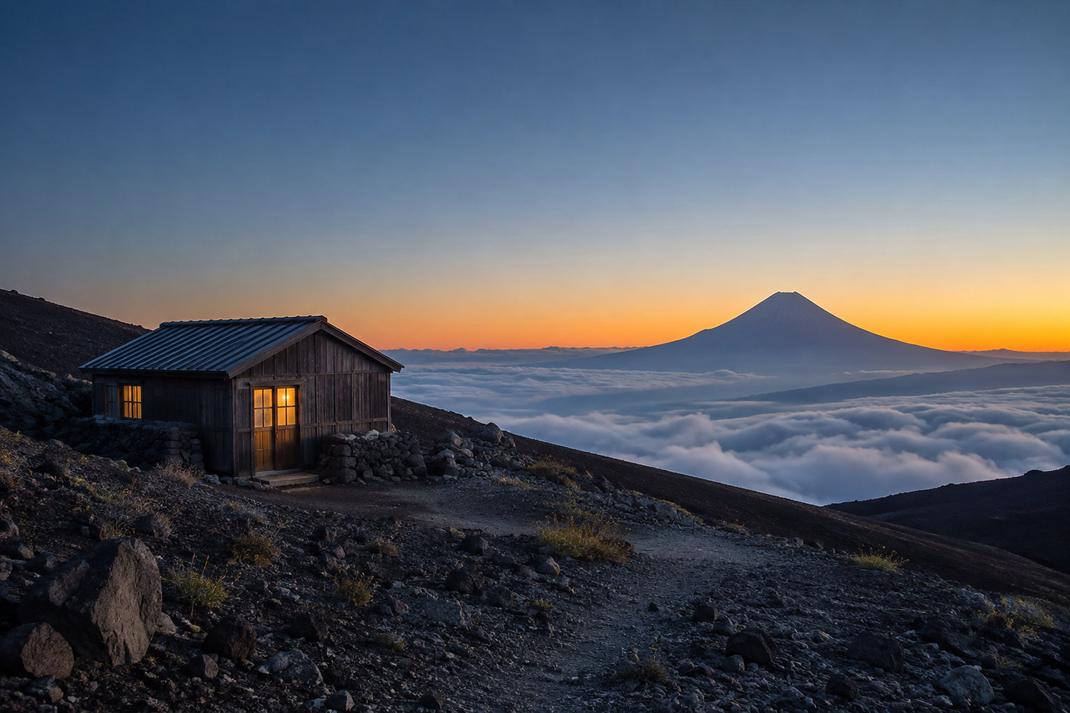 富士山を望む高所の山小屋を描いたイメージ画像（特定施設を表しません）