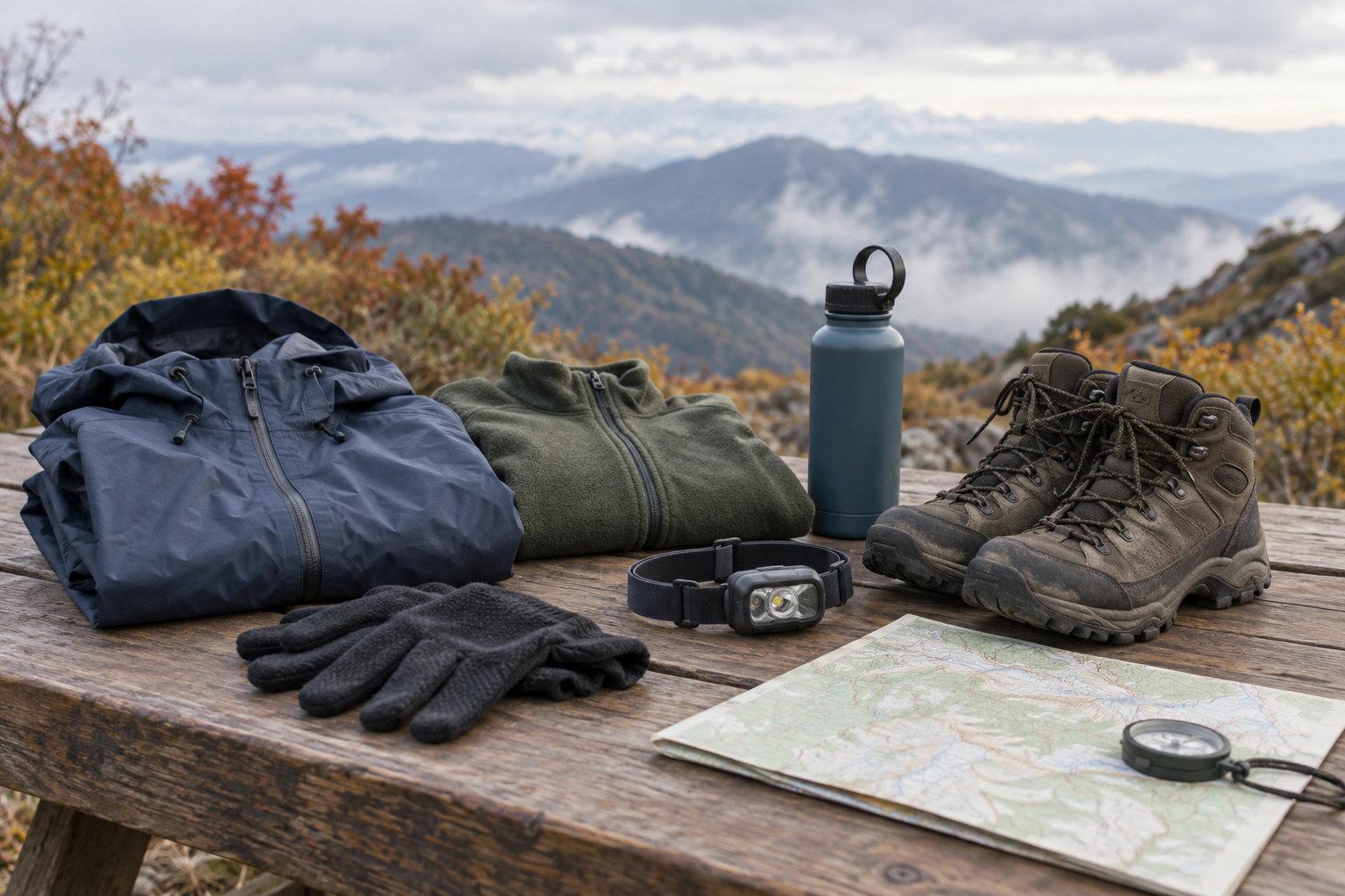 9月の高所登山に向けて雨具や防寒着、登山靴を準備したイメージ