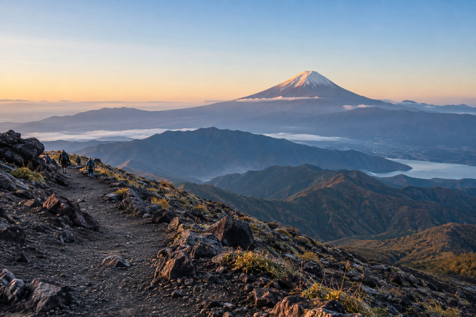 早朝の登山道から見た富士山と山頂へ向かう登山者