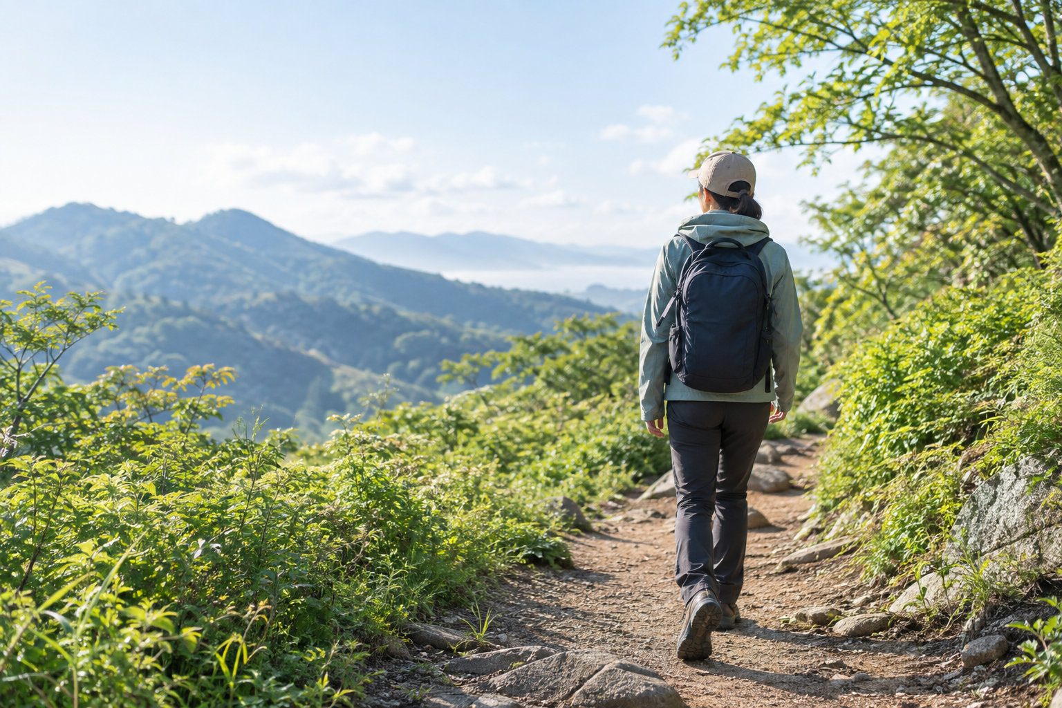低山の登山道を歩くハイカーの服装