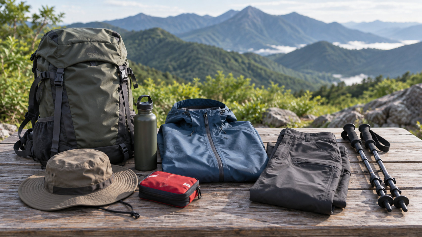 山の景色を背景に並べた日帰り登山の基本装備