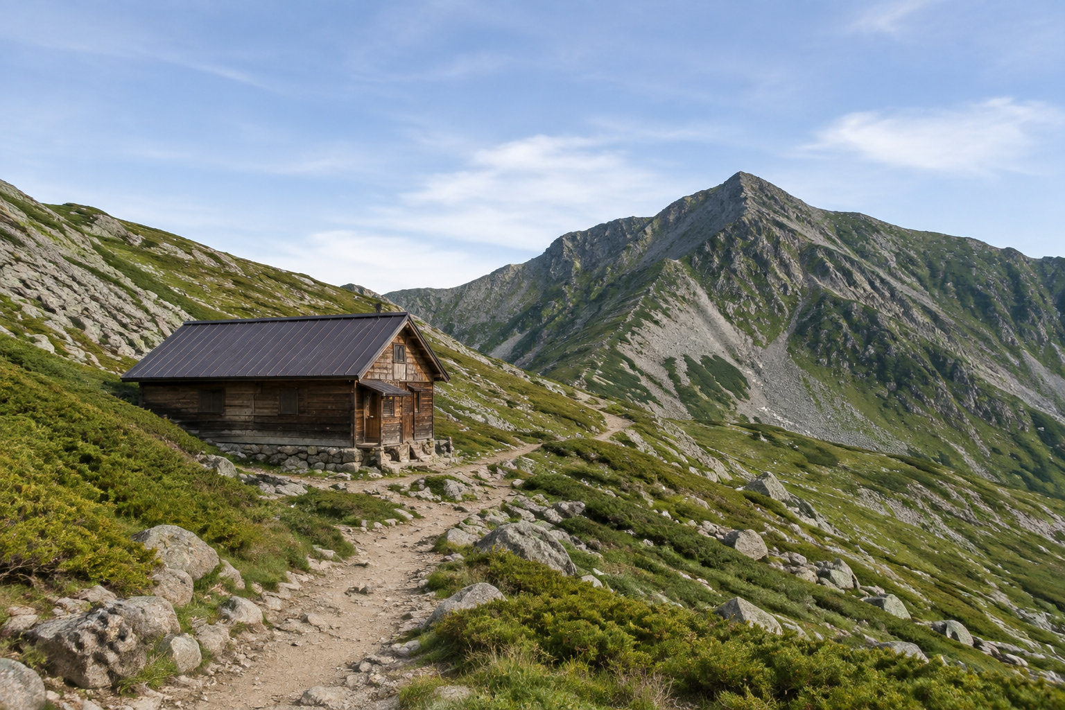 山道のそばに建つ木造の山小屋と周囲の山並み