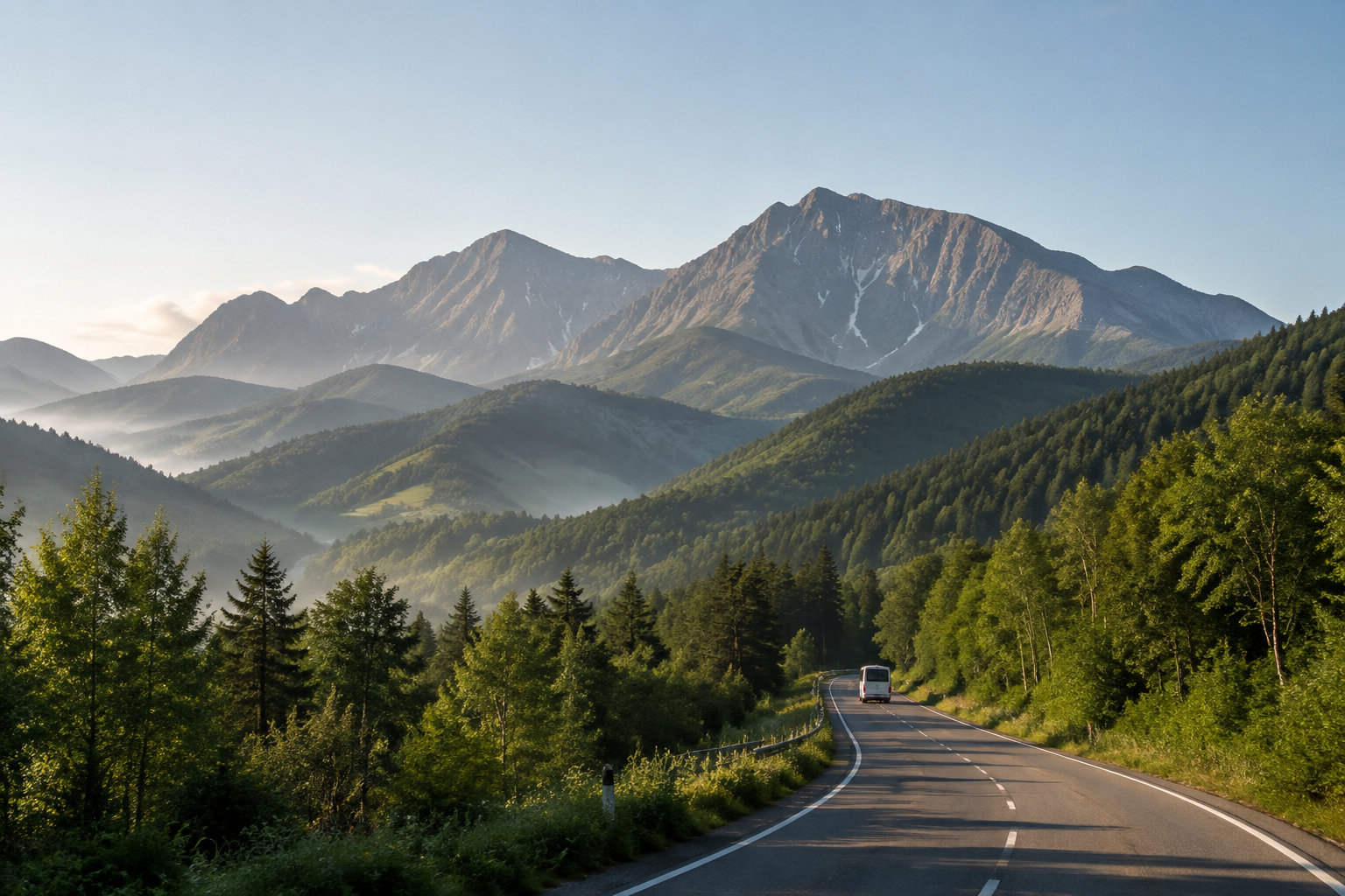 山間の道路を走る小型バスと遠くに連なる高山の風景