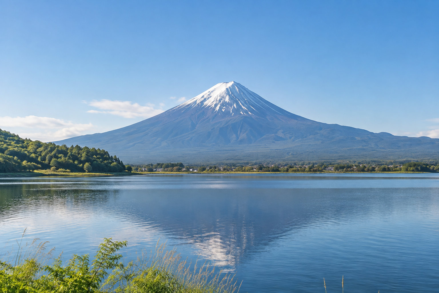 湖越しに見える富士山の風景