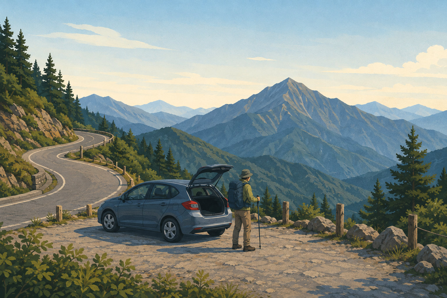 山道を車で進み、登山口で準備する様子を描いたイラスト