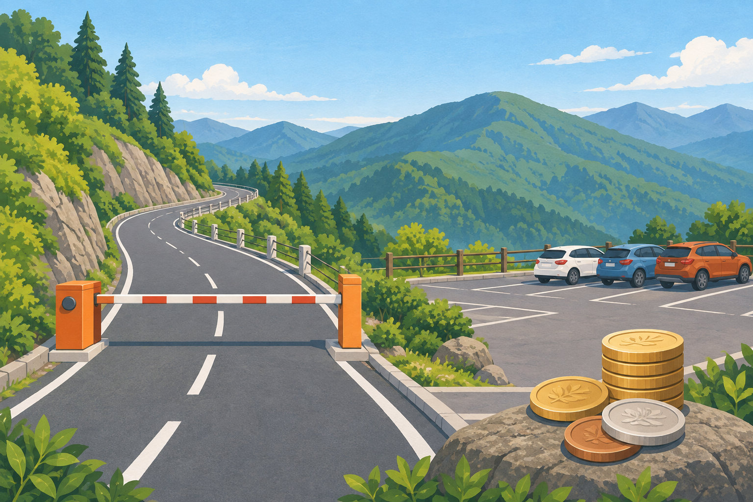 山道のゲートと駐車場、硬貨を描いた富士山スカイライン料金のイメージ