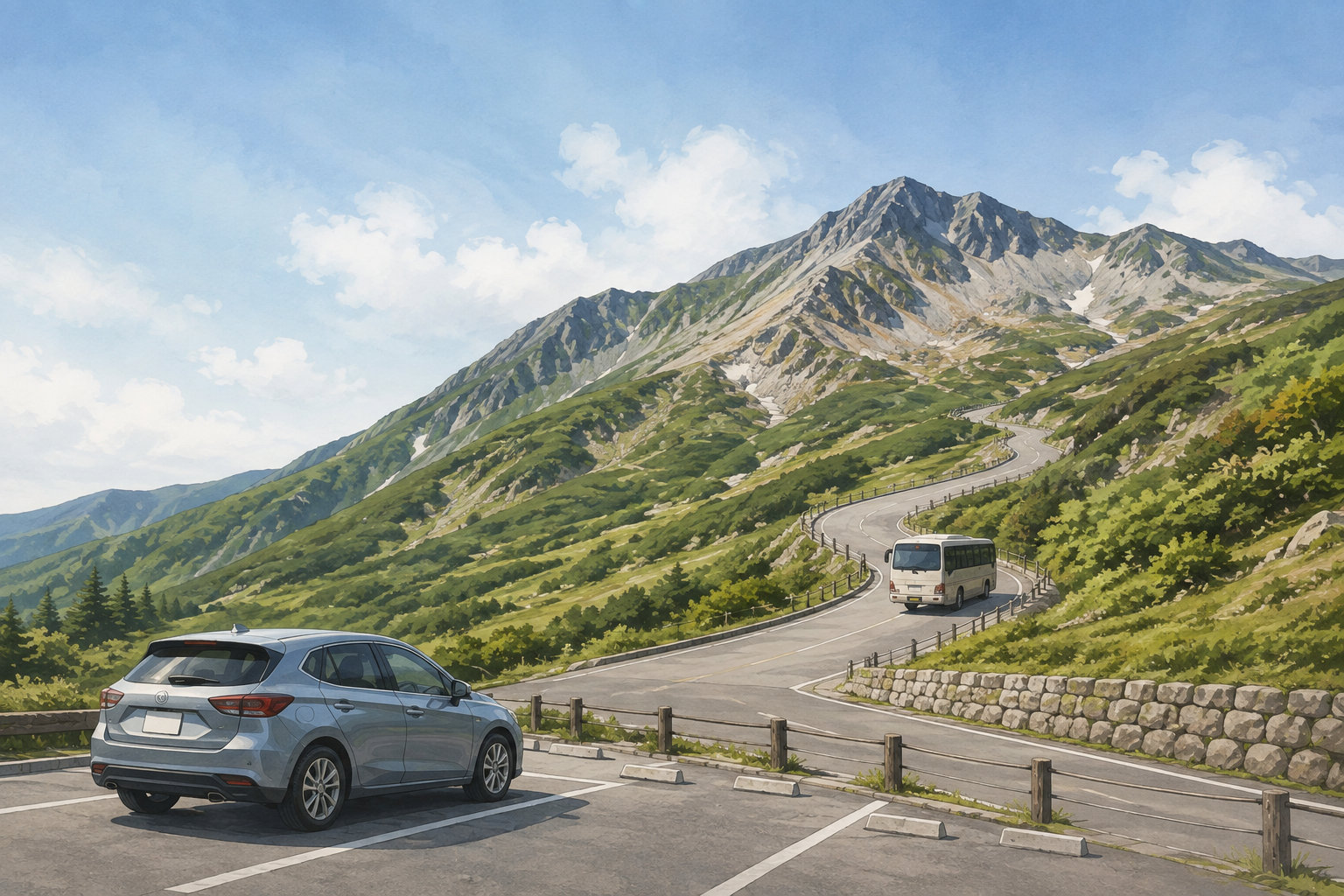 乗換駐車場からシャトルバスで山岳道路へ向かうアクセスの概念イラスト