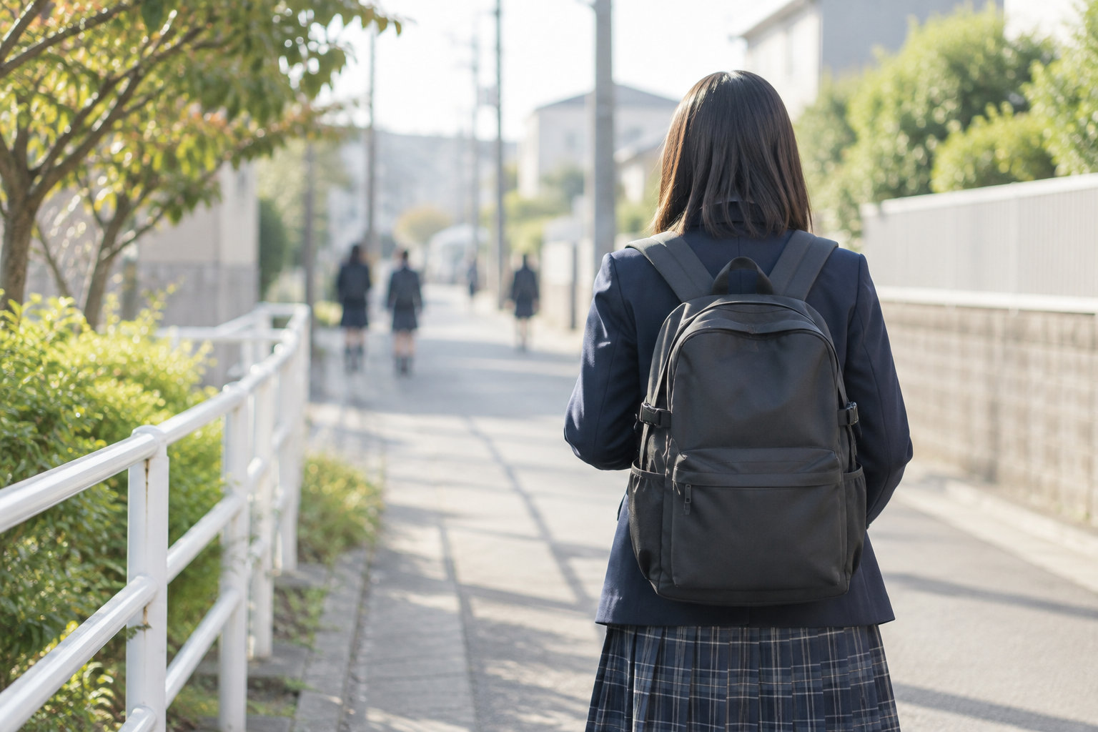 無地のリュックを背負って通学する高校生の後ろ姿
