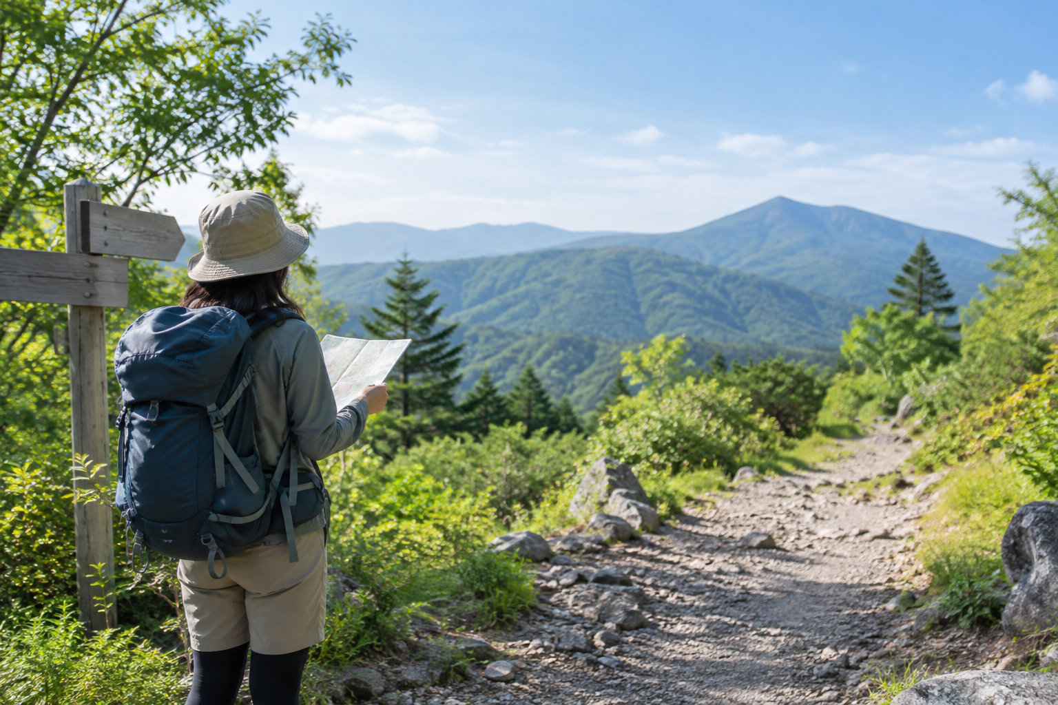 地図とリュックを確認しながら山道を歩く一人の登山者