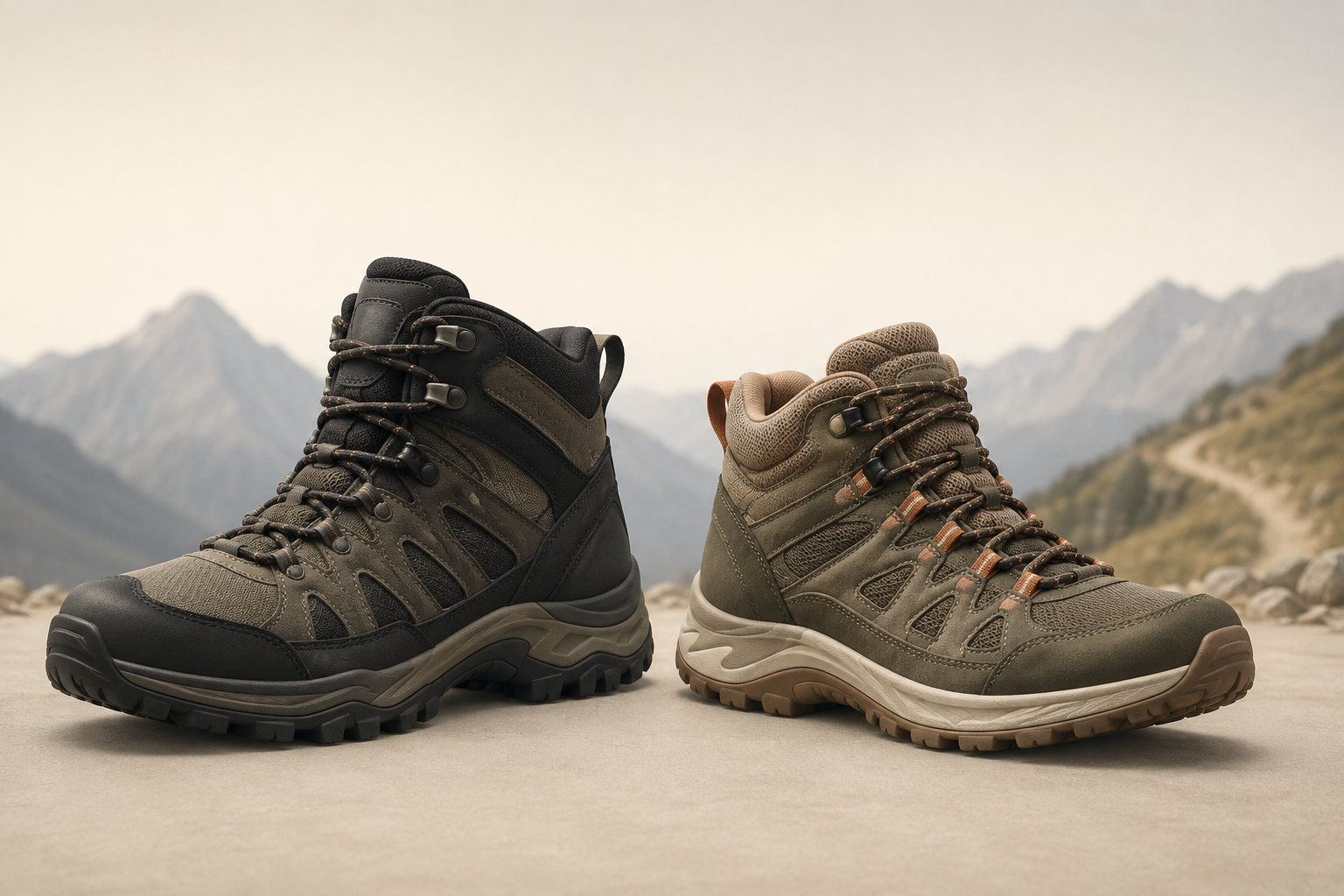 履き口の硬さや柔らかさの違いをイメージした2足のミッドカット登山靴