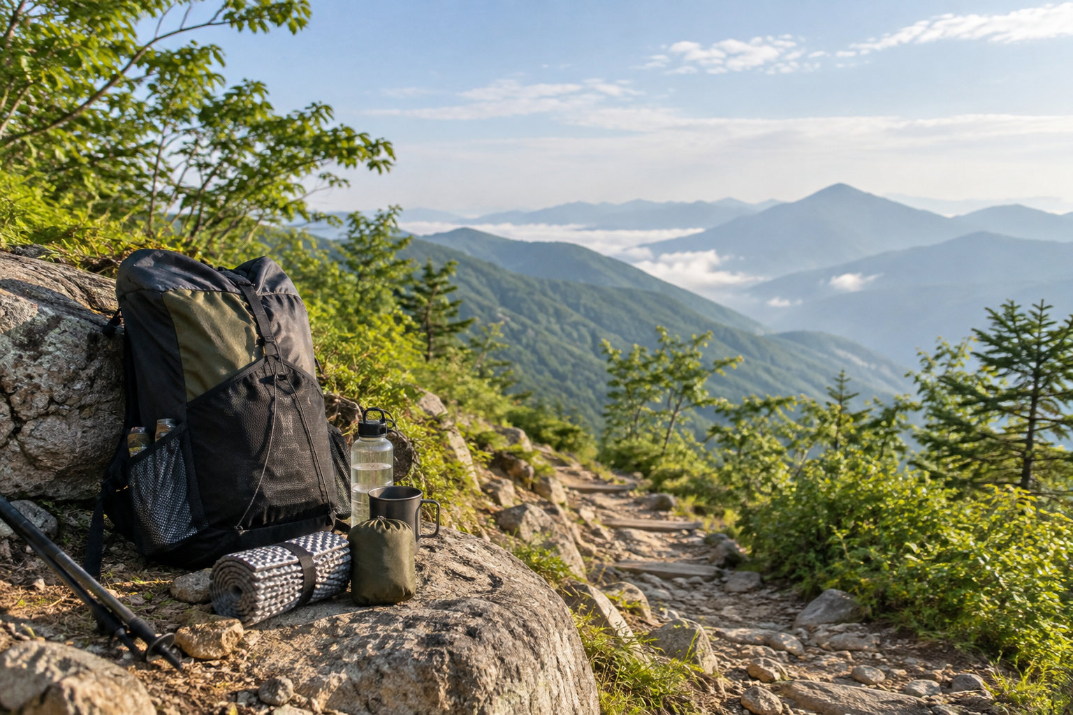山道のそばに置かれた軽量なハイキング装備と遠くの山並み