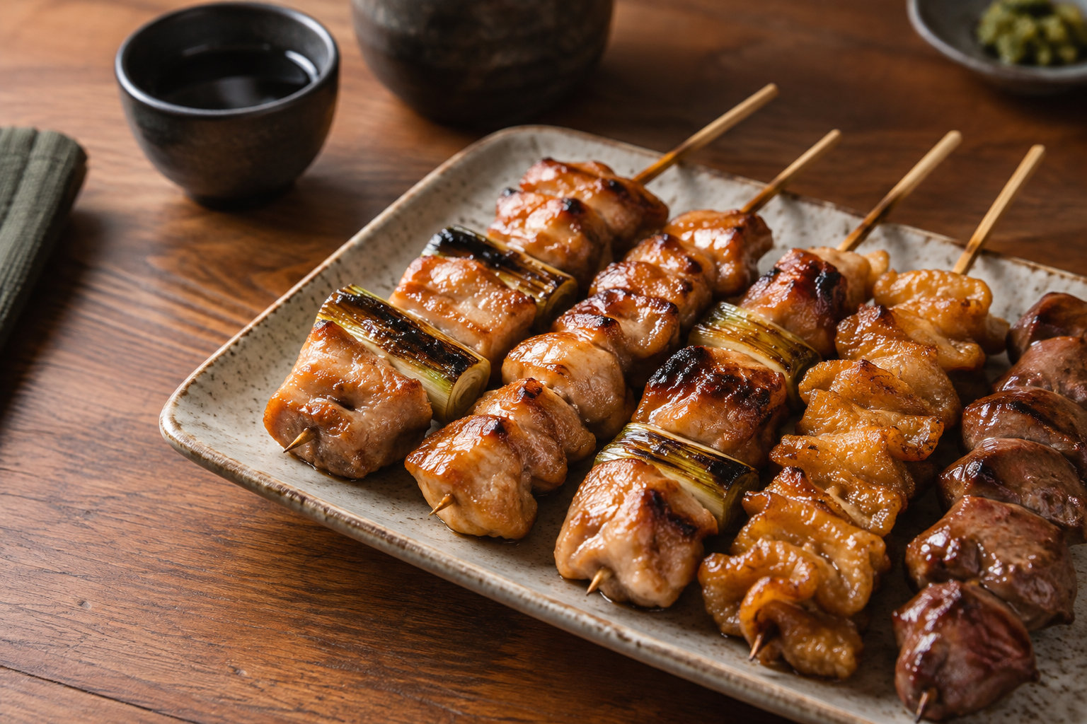 さまざまな焼き鳥を盛った皿と木製テーブル