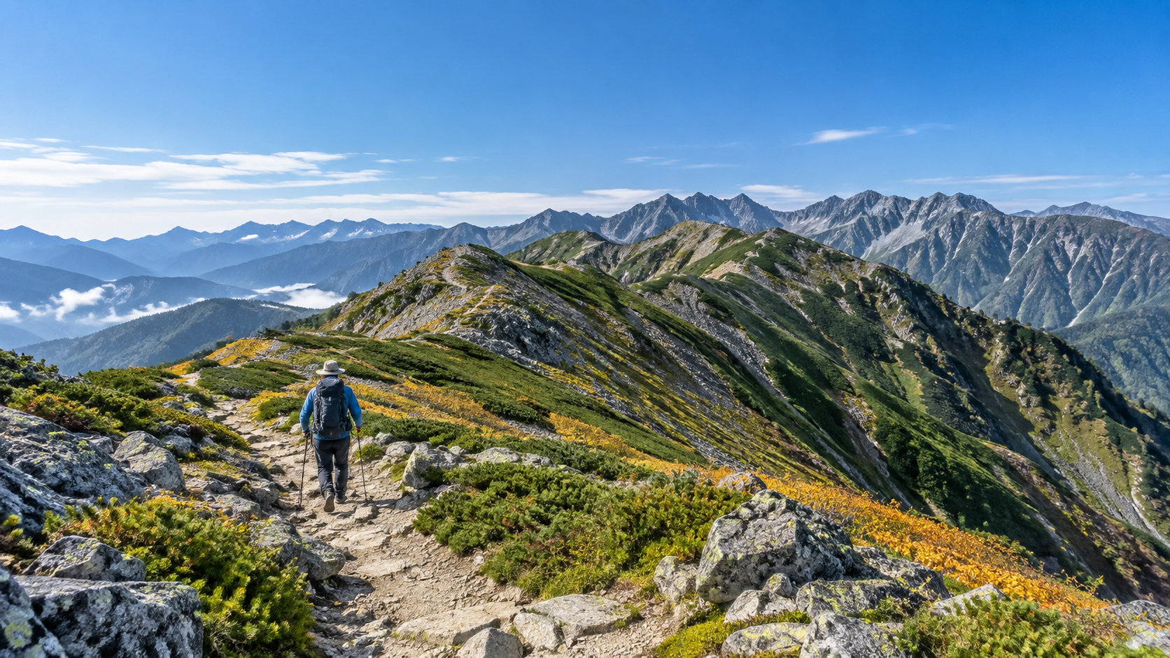 高所の登山道を稜線へ向かって歩く登山者のイメージ