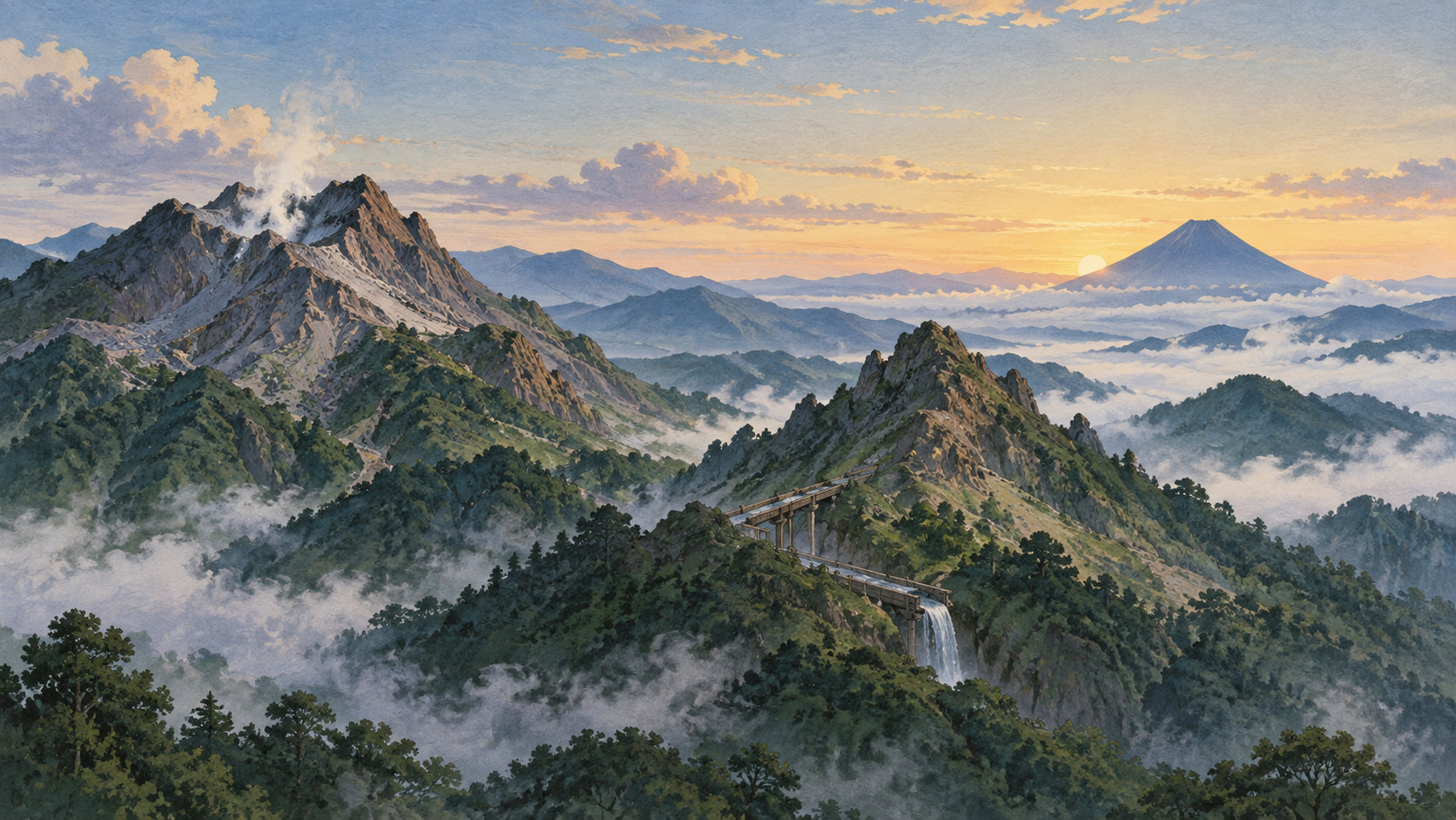 八ヶ岳の山の背くらべ伝説をイメージした山並みと水路の風景イラスト
