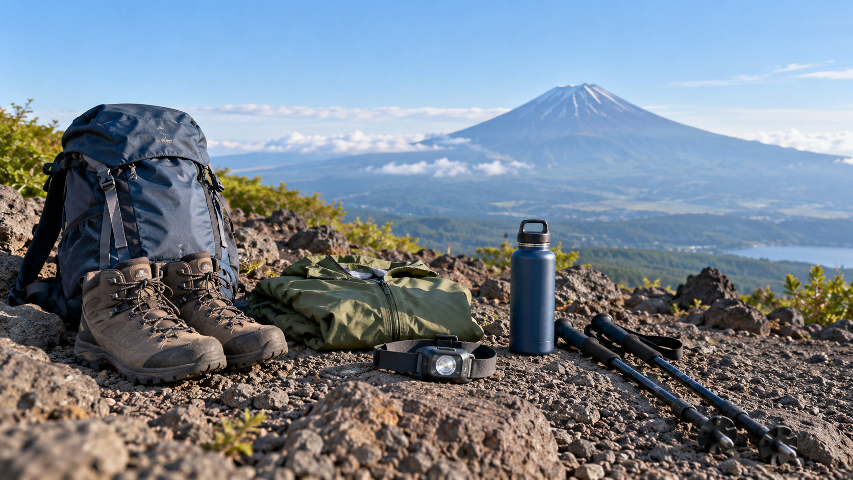 富士山を背景に並べた登山靴や雨具などの登山装備