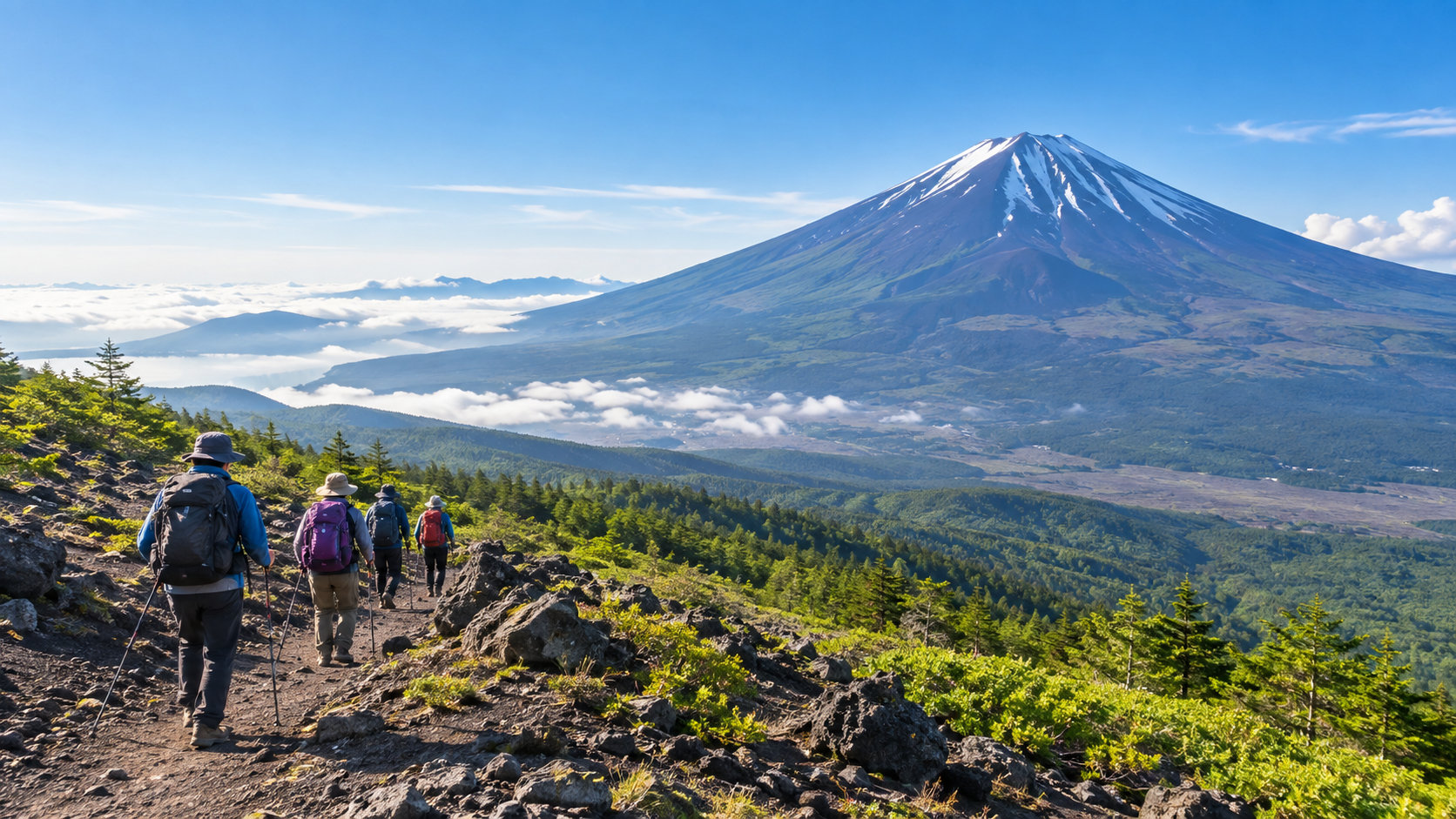 富士山を望む登山道を歩くハイカーたちの風景