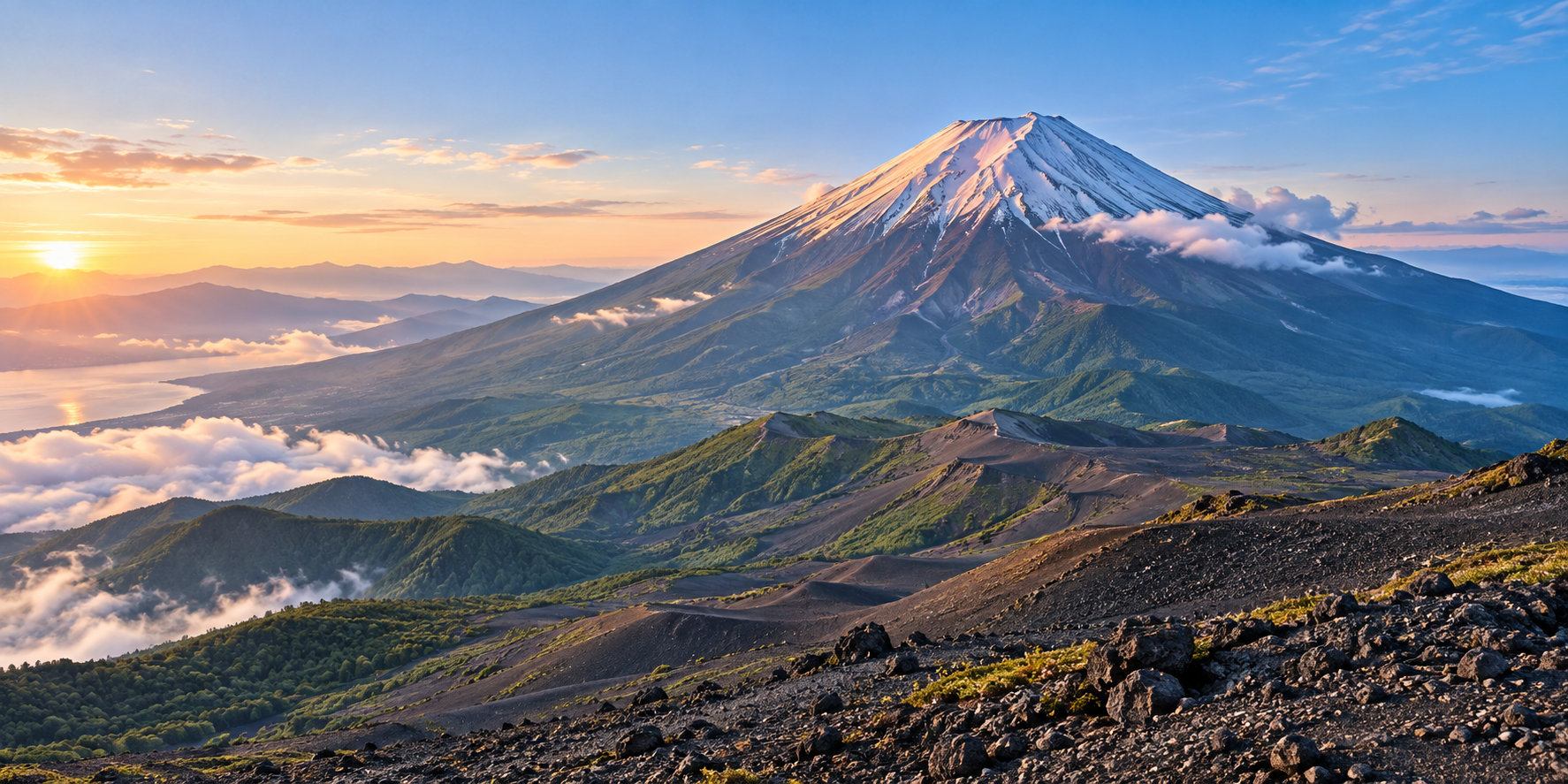 朝の光に照らされた富士山と火山斜面を見渡す風景