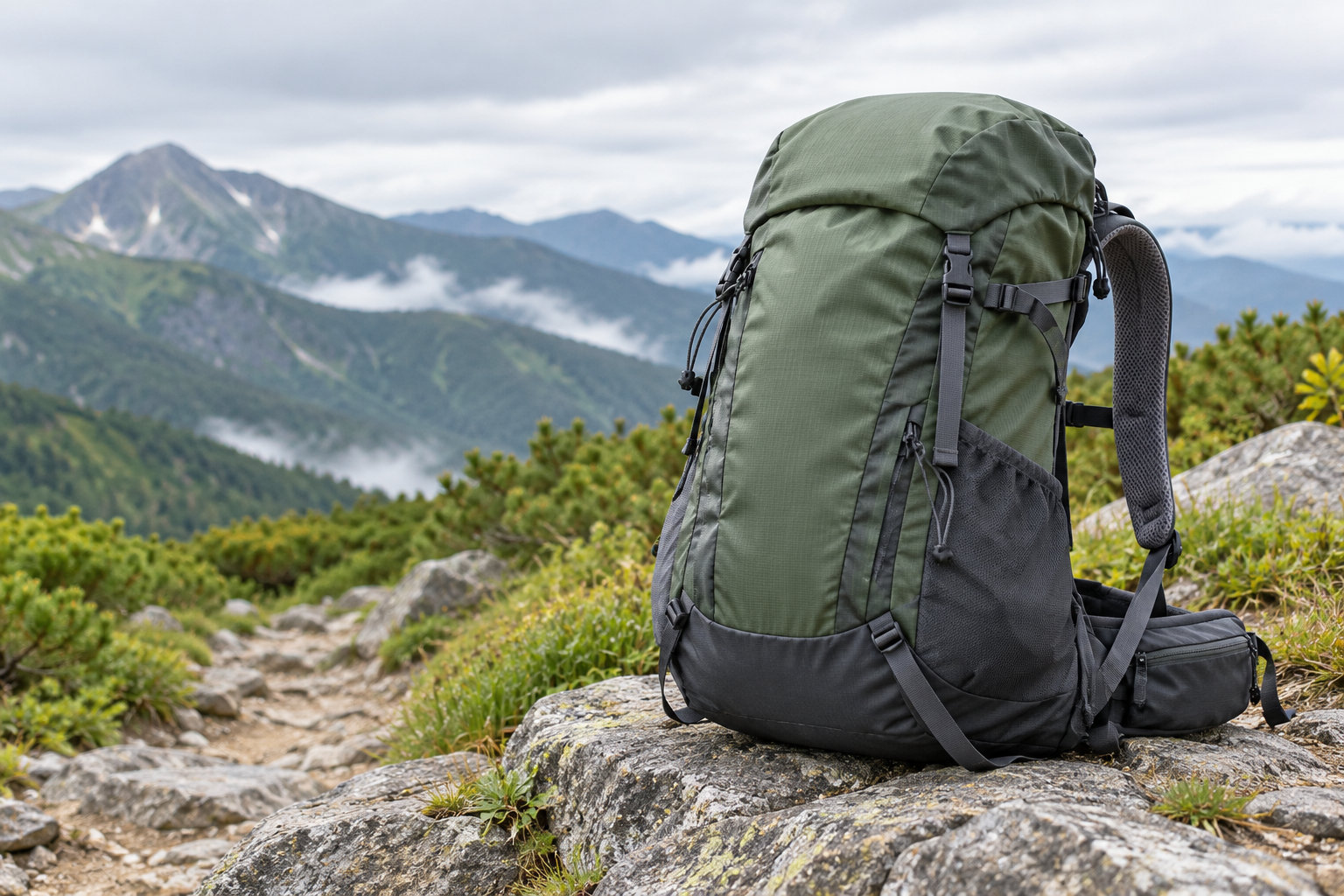 山道に置かれた無地の30L前後の登山用バックパック